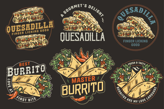 Mexican quesadilla and burrito set vector with cheese and vegetable for logo or emblem. Latin traditional mexican fast food. Mexico food with tortilla and meat for poster or print