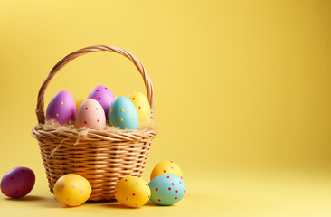 easter basket and colorful eggs on yellow background, in the style of colorful, vintage-inspired, texture-based