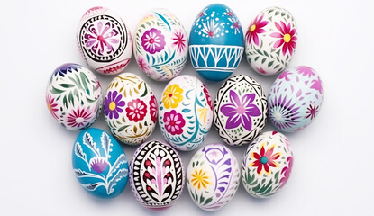 easter eggs on a white background, in the style of vibrant pastels, stencil-based, elaborate