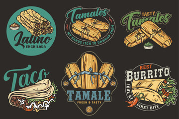 Mexico tamale set vector with corn leaves for logo or emblem. Latin traditional tamales collection for restaurant or cafe of Mexico fast food
