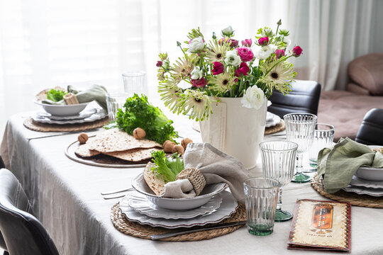 Festive Passover table setting . Pesach celebration