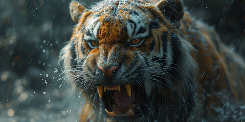 Schöner großer Tiger faucht im Wasser, ai generativ - obrazy, fototapety, plakaty