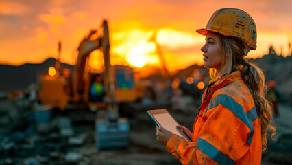 Female Worker and Development Manager with Tablets Lead Construction Site Activity, Overseeing Excavators for Building Foundation Preparation on a Sunny Day