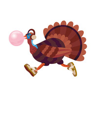 Groovy Turkey Blowing a Bubble with Bubble Gum While Listening to Music with Headphones and Wearing Trendy Sneakers