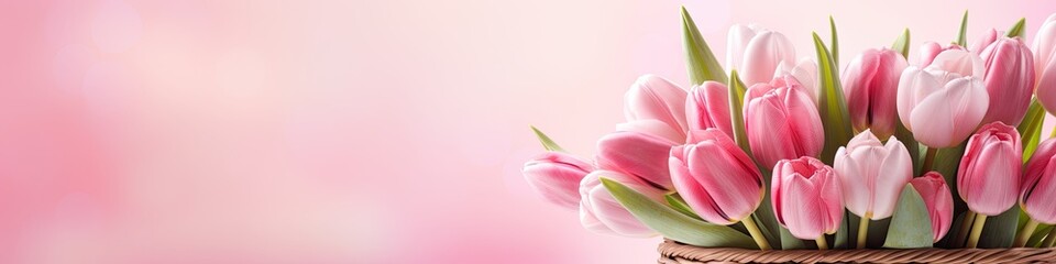 Obraz premium Basket of pink tulip flowers on a pink spring bright pink background, floral concept