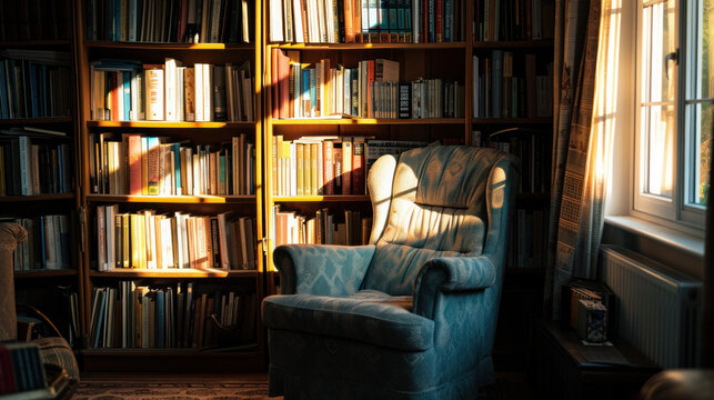 Cozy reading nook with armchair and bookshelves in warm sunlight. Home interior and relaxation.