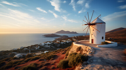 windmill on the beach at sunset,,
Mykonos greece traditional windmills the symbol of mykonos during sunset landscape during sunset sea shore and beach photo for travel and vacation
 - obrazy, fototapety, plakaty