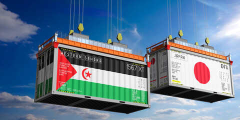 Shipping containers with flags of Western Sahara and Japan - 3D illustration