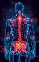 Back Pain Visualization: Highlighted Spine in Digital Human Anatomy Illustration - obrazy, fototapety, plakaty