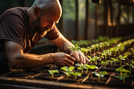 Farmer planting young seedlings of lettuce salad in the vegetable garden. Mature man planting pepper seedlings in a greenhouse. Organic farm products. Seedlings of sweet pepper.