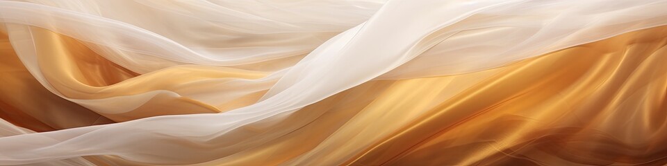 Banner of an abstract white and brown, gold textile transparent fabric as background or texture - obrazy, fototapety, plakaty