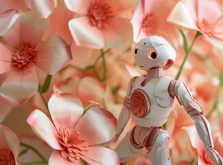 A small white robot amidst blooming pink paper flowers, showcasing a blend of technology and nature.