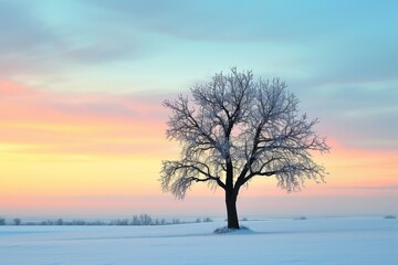 Solitary Majesty: A Lone Tree Amidst the Winter Landscape, Adorned by the Splendor of the Sky generative ai