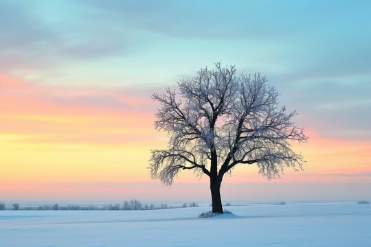 Solitary Majesty: A Lone Tree Amidst the Winter Landscape, Adorned by the Splendor of the Sky generative ai © gilangedo