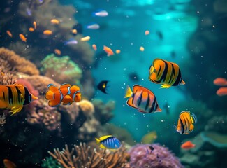 Fototapeta na wymiar Vibrant underwater scene with clownfish among beautiful coral reefs, illuminated by sunlight.