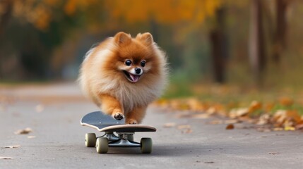 Cool Pomeranian spitz riding a skateboard, showcasing the creative and active lifestyle of a sporty pet in a fun training session