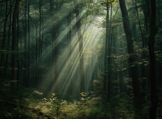 The sun's rays pierce the dense, mesmerizing forest, illuminating a serene path, a calm and mystical atmosphere. The cozy atmosphere of a walk through the forest.