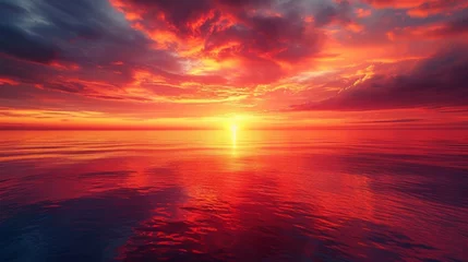 Foto op Plexiglas The horizon transforms into a fiery canvas as the sun dips below the water. © olegganko