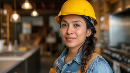 A confident Latina construction contractor in the midst of a renovation inside a restaurant, women’s empowerment and diversity in the workplace