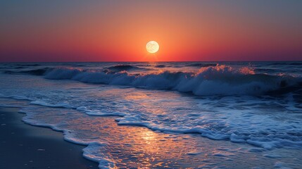 Fototapeta na wymiar The sea's gentle lullaby accompanies the moon's rise, creating an enchanting seascape