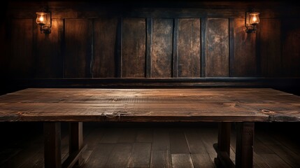 A rustic wooden table in front of a dark wood paneling wall with dim lighting