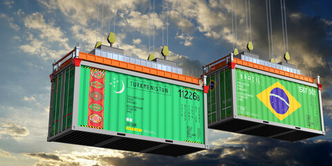 Obraz premium Shipping containers with flags of Turkmenistan and Brazil - 3D illustration