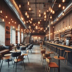 Industrial chic coffee shop with exposed brick walls and hanging Edison bulbs, high quality, hd, 4k, interior of restaurant