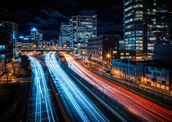 Fototapeta na wymiar highway with car light trails in modern city at night. long exposure