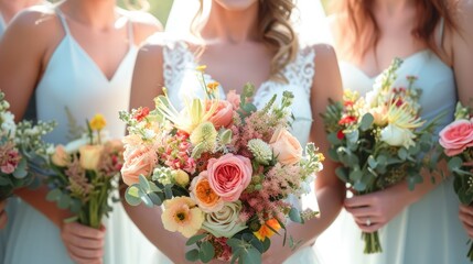 Bride holding a beautiful bouquet, surrounded by bridesmaids with their floral arrangements, creating a joyous and festive atmosphere for the wedding celebration - obrazy, fototapety, plakaty