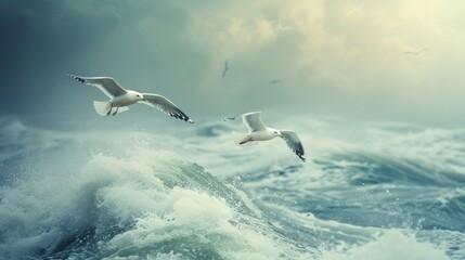 Seagulls soar against a coastal backdrop, epitomizing the freedom of the open sea