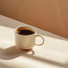 A warm cup of coffee bathed in soft sunlight, casting gentle shadows, creating a serene and cozy atmosphere.