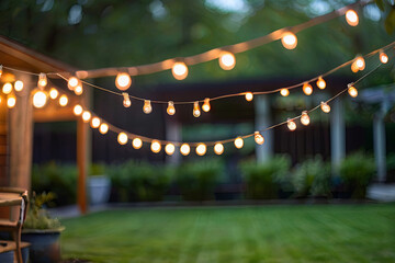 Enchanting backyard lights. Beautiful string lights on green bokeh garden background. Perfect for outdoor party ambiance.