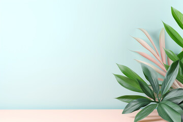 Tropical leaves on pastel background with copy space