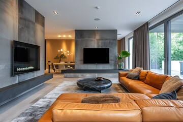 Contemporary elegant chic living room with lether sofa.