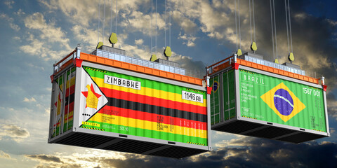 Shipping containers with flags of Zimbabwe and Brazil - 3D illustration