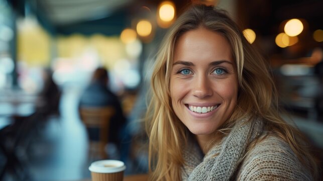 Fashionable individuals sip coffee at city cafes, smiling into the camera with style