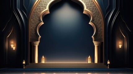 Illustration of Ramadan Kareem background with mosque Islamic style arches and Arabic patterns.
