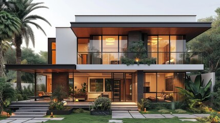 Obraz premium Modern two-story house with large windows, balcony, garden and lush green trees.