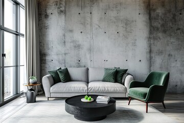 Industrial and loft living room interior with concrete wall, gray sofa, modern armchair, simple black coffee table, green pillows, curtain, books and personal accessories. Home decor. Template.