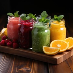 Smoothies Row Healthy Fresh Fruit and Vegetable with assorted ingredients served in glass bottle. Vegetarian mixed smoothie for menu, advert or package