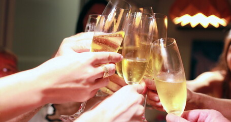 Family clinking many champagne glasses together