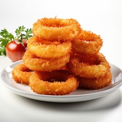 Onion Rings fresh Fried Crunchy isolated on white background. Homemade onion rings, snack for menu, advert or package, close up. Realistic, icon, detailed.