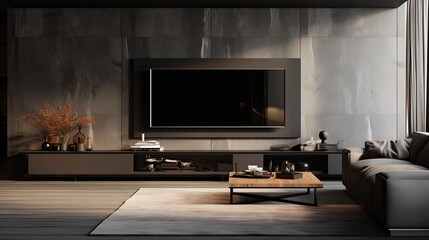 Black TV in a modern interior, minimalism concept of apartment