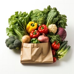 Grocery bag with vegetables isolated on white background. Vivid grocery Illustration for sale, package, cutout minimal shopping concept.