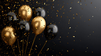 Holidays background with golden and black balloons. Serpentine and festive mood on black background	