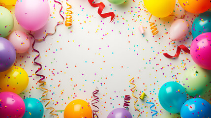 Colorful party balloons on white background. Festive party and Happy birthday decoration with copy space. Set of multicolored balloons with space for text