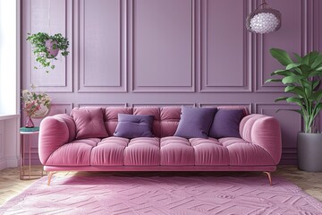 living room in pink with velvet sofa.