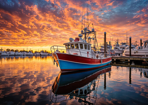 Fishing boats in a marina at sunset, Cape Town, South Africa