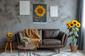 Leather sofa next to table with sunflowers in grey living room interior with posters. Real photo.