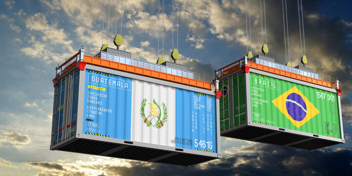Shipping containers with flags of Guatemala and Brazil - 3D illustration
